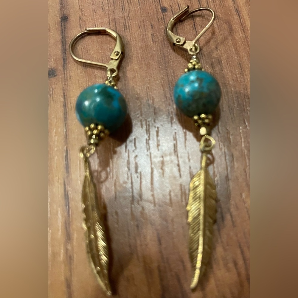 Gold Tone Feather Drop Earrings with Turquoise Beads